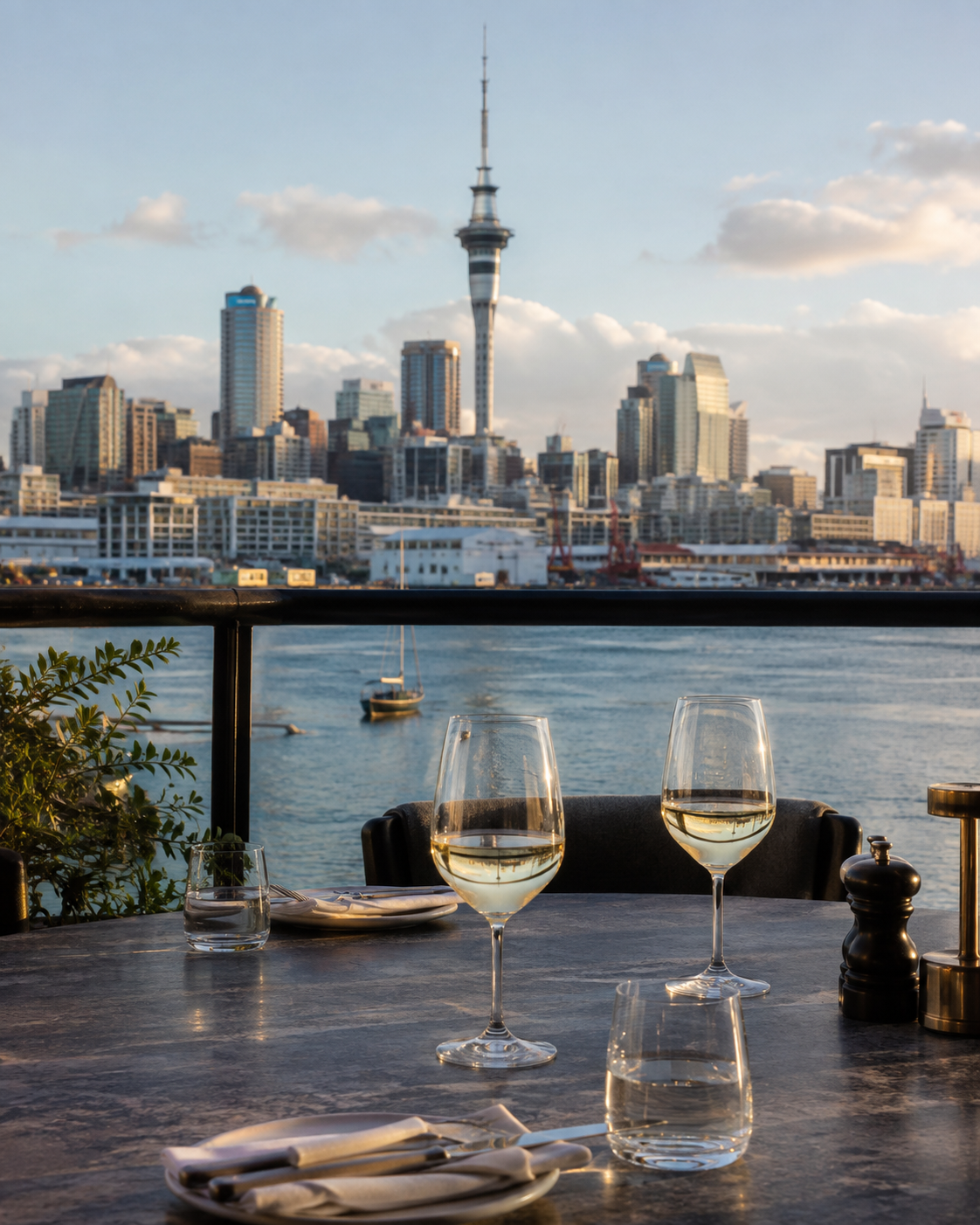 Auckland Sky Tower and harbour viewed from a waterfront restaurant terrace