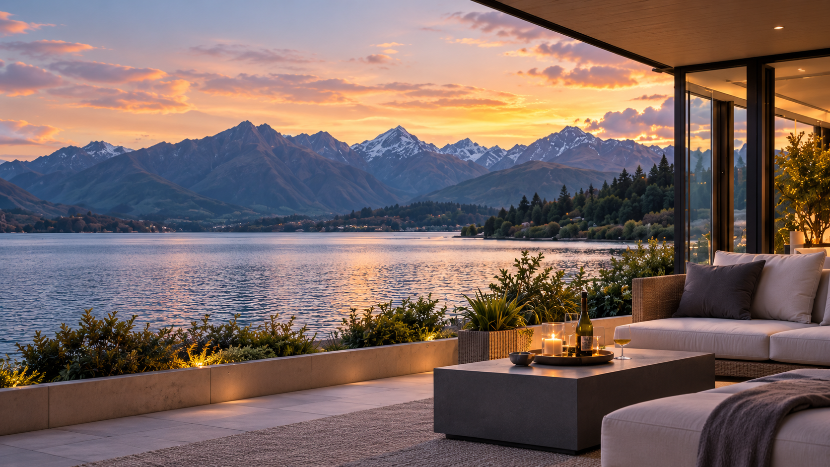 A modern terrace overlooking a New Zealand alpine lake at sunset