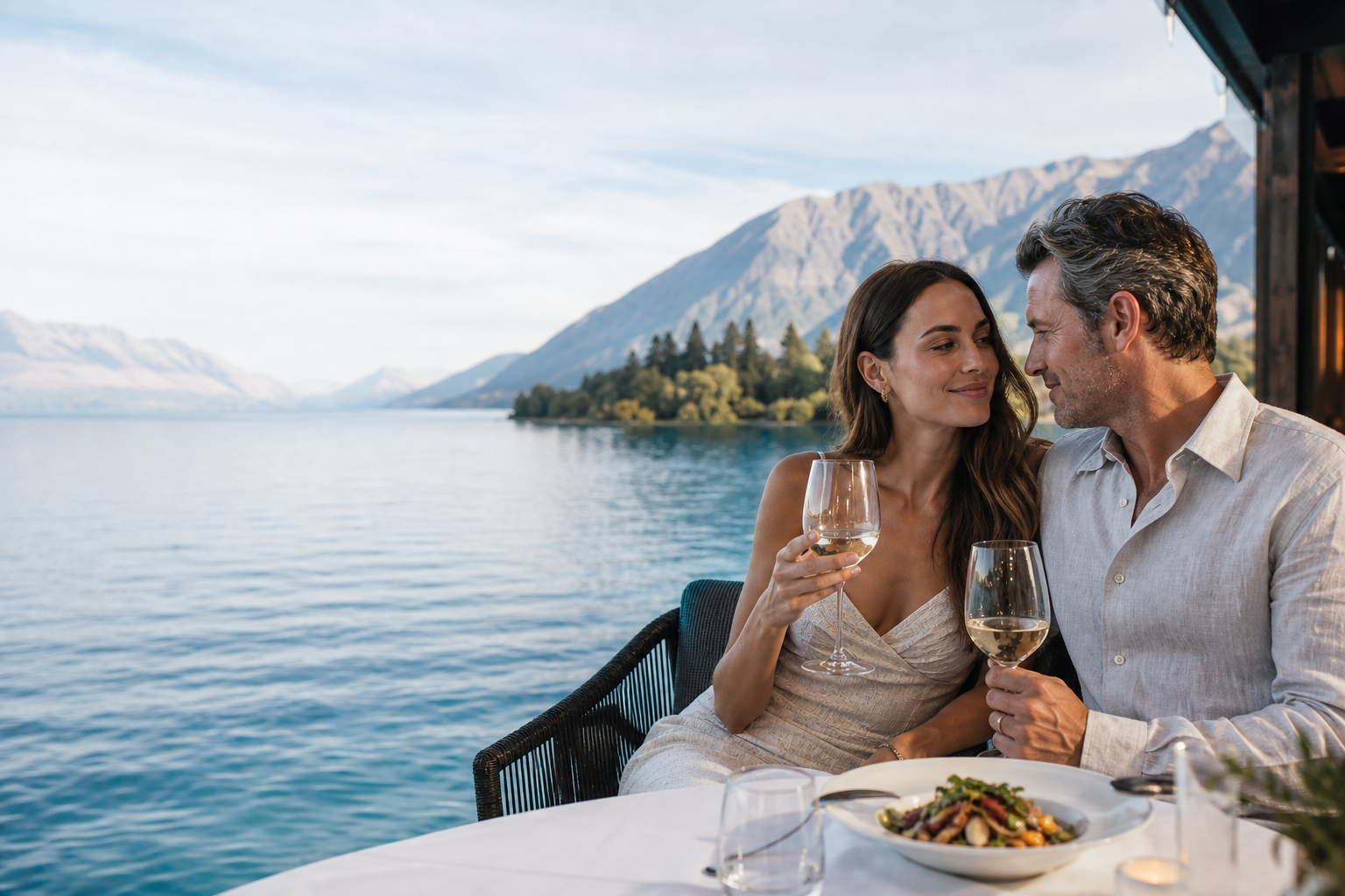 An adult couple enjoying a quiet afternoon beside an alpine lake